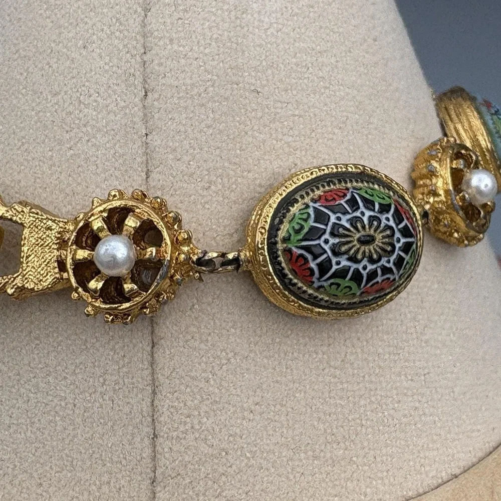Vintage Renaissance LInk Bracelet Molded Glass Faux Pearl Moroccan